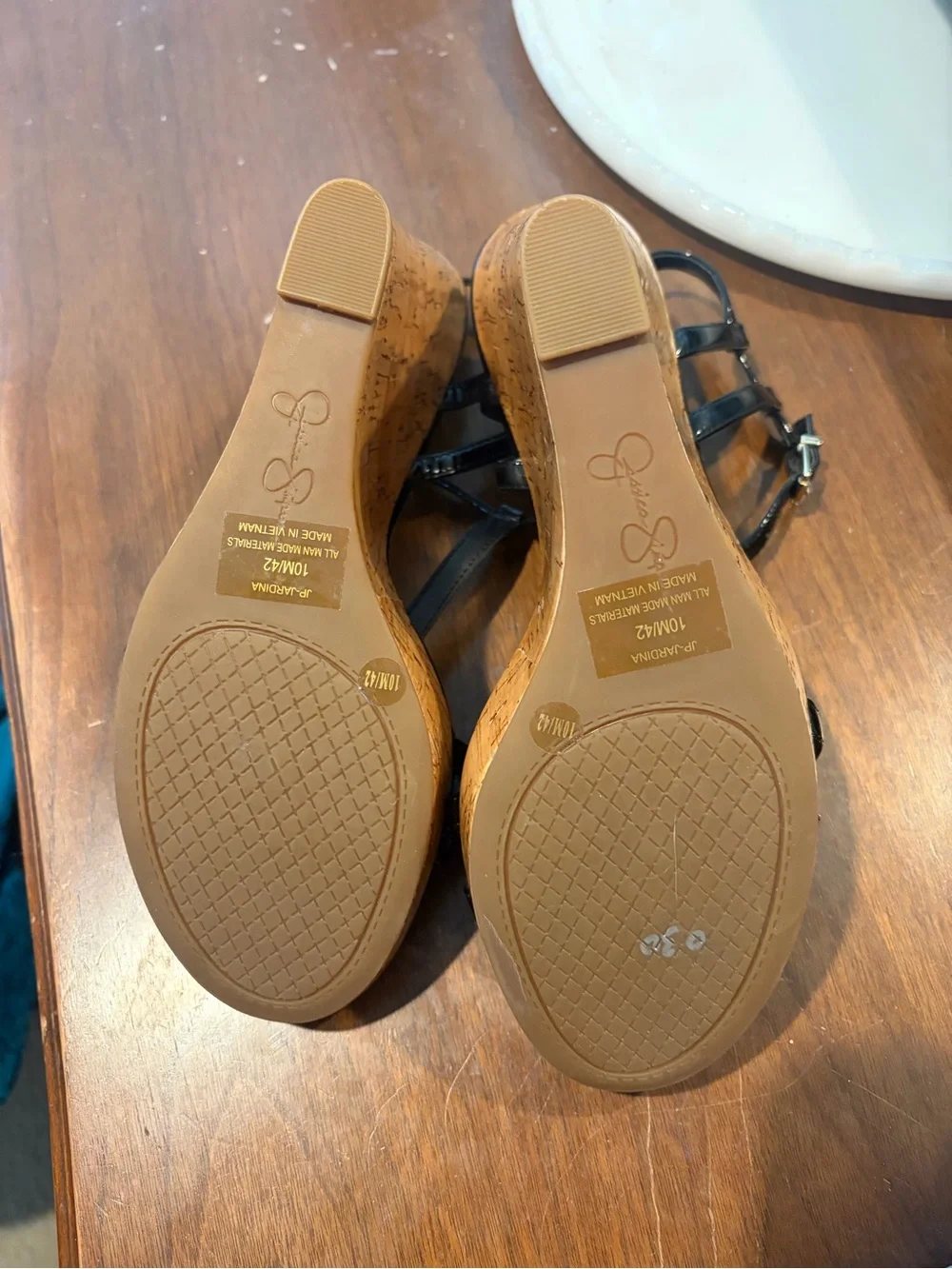 Jessica Simpson Black Patent Cork Wedge Sandals with T‑Strap